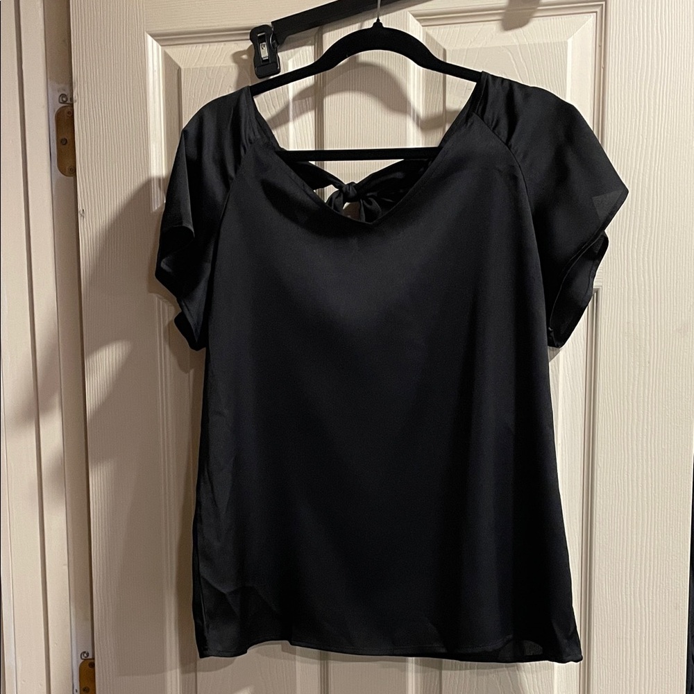 Nine West Black Satin Blouse with Bow Detail